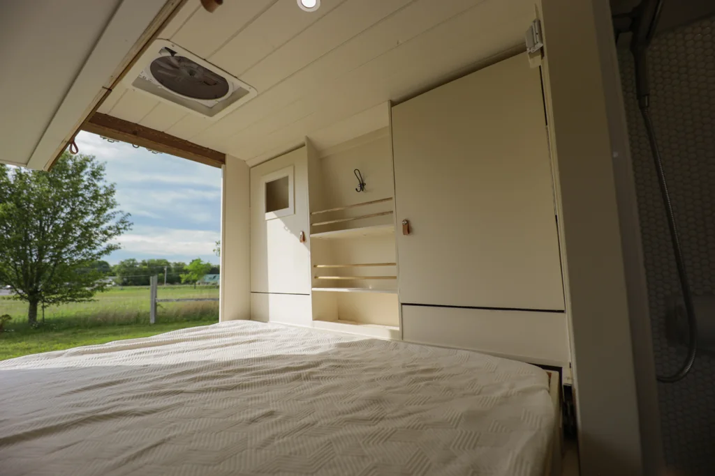 The Murphy bed lowered for the night.