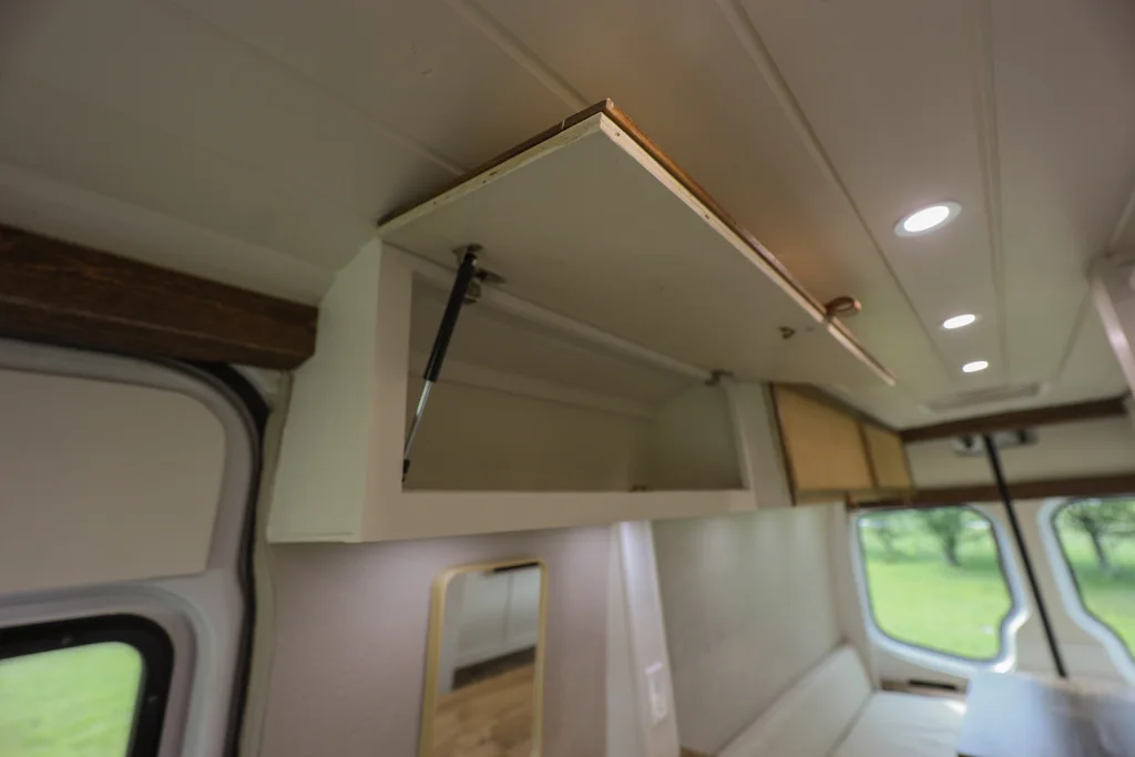 Caned upper cabinet fronts bring texture to the interior.